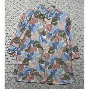 Tommy Bahama Hawaiian Shirt Top Women Sz M 100%Linen Button Up  3/4 Sleeve‎